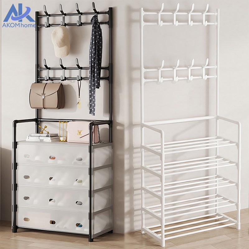 [2IN1] ชั้นวางรองเท้า ราวแขวนผ้า ตะขอแขวนเสื้อและแขวนหมวก non woven กันน้ำ 4/5 ชั้น ราวแขวนอเนกประสงค์ พร้อมชั้นวางของ