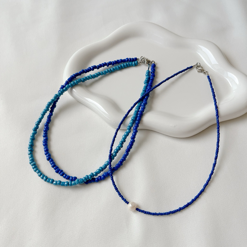 BLUE สร้อยคอลูกปัดสีน้ำเงิน ไข่มุกแท้ ความยาว 15 นิ้ว | Beaded Necklace Tinypearlxoxo N1299