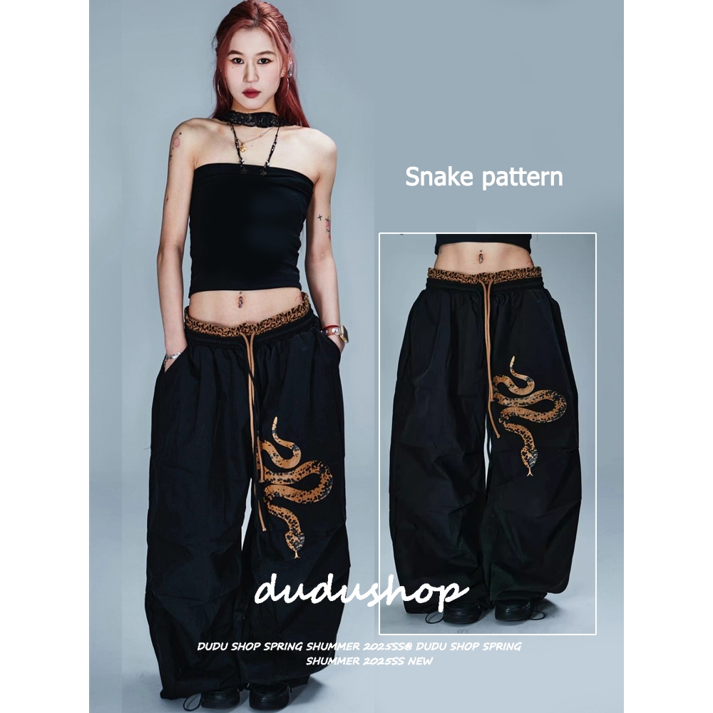 [Summer quick-drying fabric, dance sports wide-leg pants]กางเกงเต้นรำเกาหลีผู้หญิง ลายงู กางเกงกีฬาขากว้างลายเสือดาว – โปรปัง