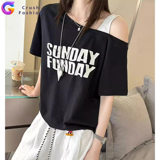 Crush พร้อมส่ง ทรงหลวม เสื้อยืดเปิดไหล่ เสื้อเเขนสั้นผู้หญิง ใส่เเบบเปิดไหล่ได้ ผ้านิ่ม