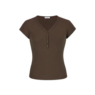 cherryshop พร้อมส่ง เสื้อยืดคอวีแขนสั้นติดกระดุมสไตล์ย้อนยุคสำหรับผู้หญิงอเมริกัน สีพื้น ผ้ายืด เซ็กซี่ สวมใส่สบาย