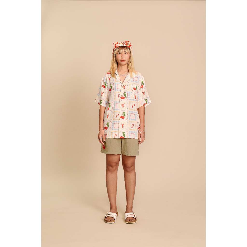 PASTEL CREATIVE WEAR |  SUNKISSED BEACH CLUB CHERRY & LOBSTER HAWAII SHIRT - CREAM | เสื้อเชิ้ต