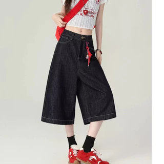 S~5XL สุภาพสตรีฤดูร้อนขากว้างกางเกงยีนส์เทรนด์หลวม Capris กางเกงขาสั้นลำลองร้อยกางเกงยีนส์ขาสั้น