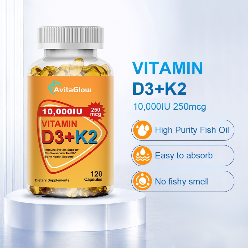 120 แคปซูล AvitaGlow 10000IU Vitamin D3+K2 Capsules วิตามินดี3 + เค2 การแคปซูล ส่งเสริมสุขภาพกระดูกและข้อ ส่งเสริมการดูด