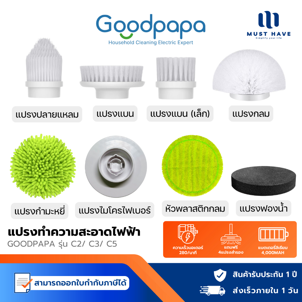 Goodpapa Brush Heads ชุดหัวแปรงทำความสะอาดไฟฟ้า สำหรับ Goodpapa Electric Spin Scrubber รุ่น C2/ C3/ C5