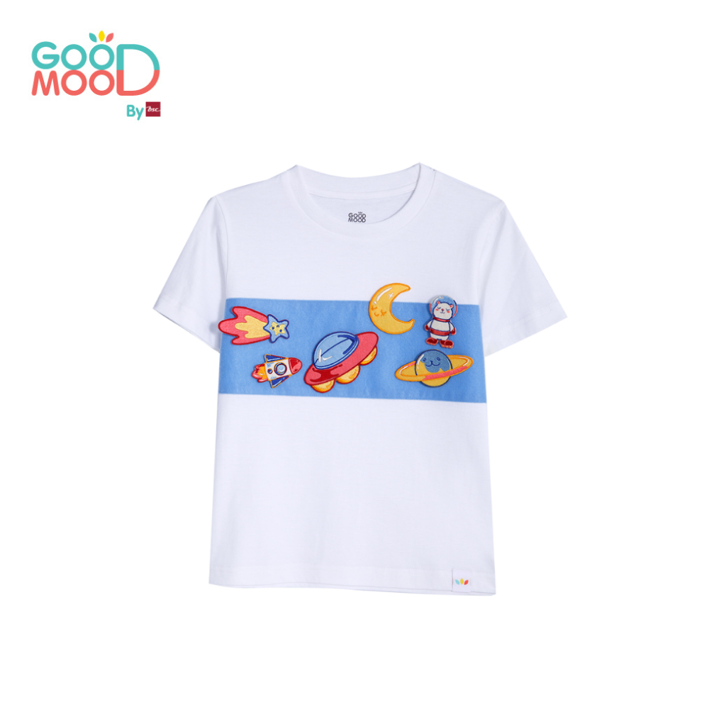 Good Mood by bsc เสื้อยืดคอกลม แขนสั้น สีขาว + PATCHES  6 ชิ้น สำหรับเด็กอายุ 4-5 ปี ผ้าคอตตอน