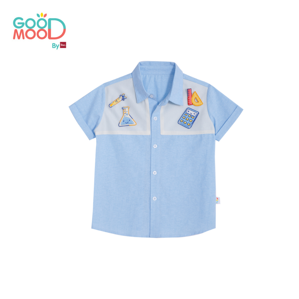 Good Mood by bsc เสื้อเชิ้ตแขนสั้นสีฟ้า + PATCHES 4 ชิ้น สำหรับเด็กอายุ 2-3 ปี ผ้าออกซ์ฟอร์ด
