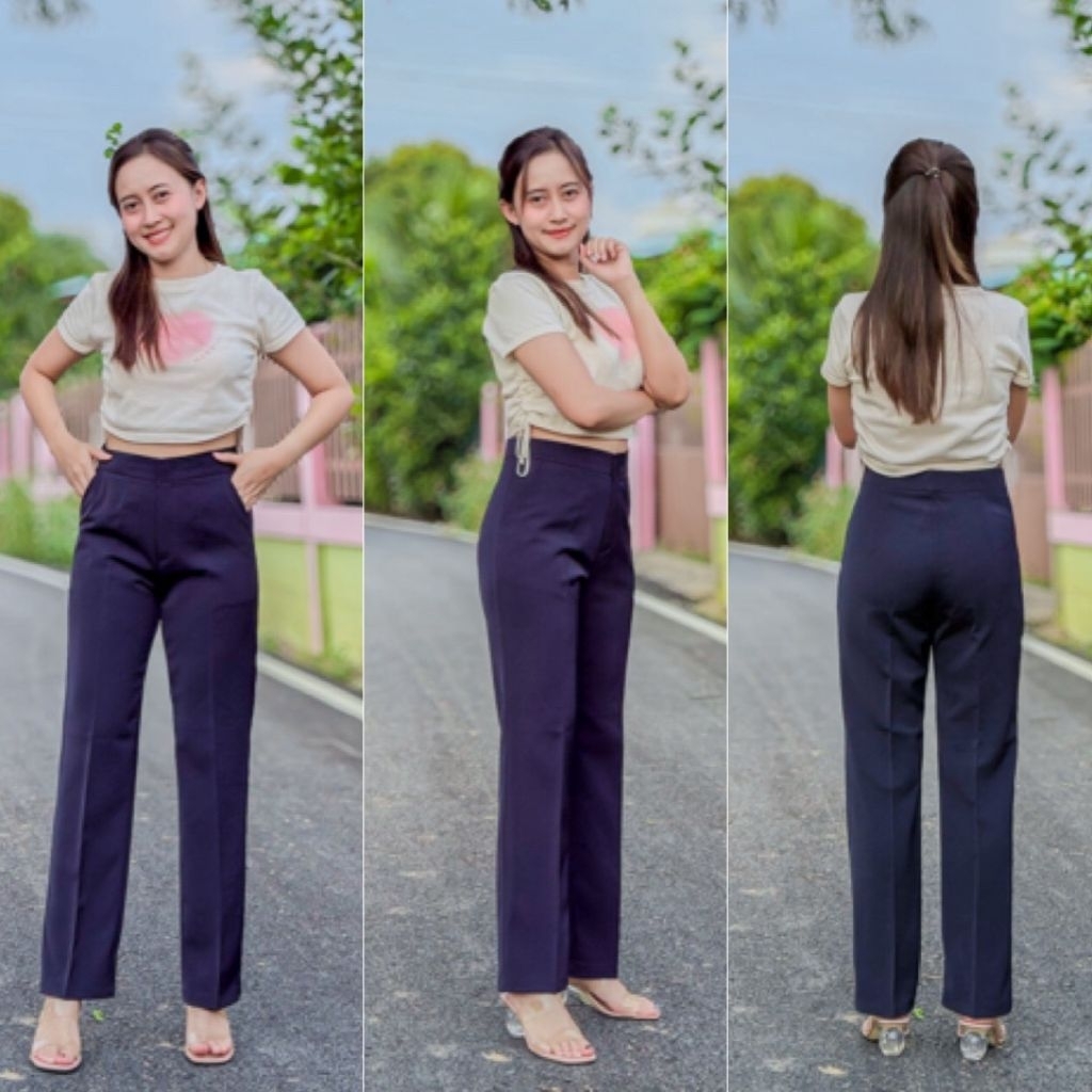 <<New>>กางเกงกระบอกเล็กผ้านาโนพรีเมียม เอวสูง ตะขอหน้าความยาว 38 นิ้ว