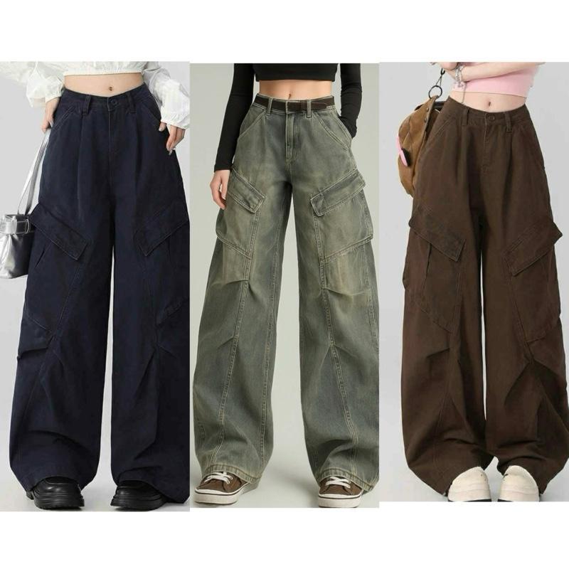 (XS-6XL) jinjeans กางเกงยีนส์ทรงกระบอกใหญ่  baggy jeans เอวสูง กางเกงยีนส์คาร์โก้ cargo pants ราคา ถูกที่สุด ดีลบีเคเค