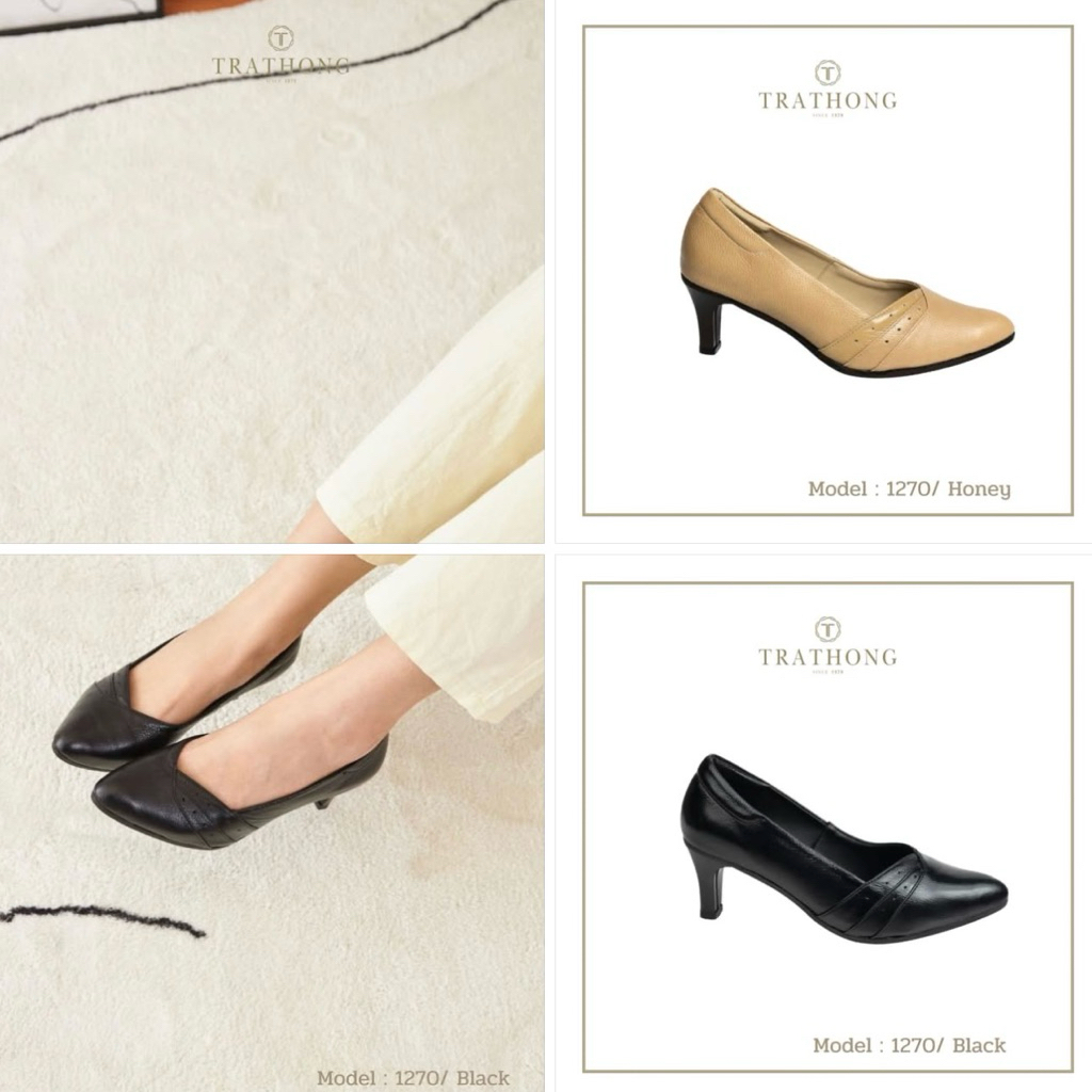 TRATHONG (ตราทอง) รุ่น 1270 รองเท้าคัทชูหนังวัวแท้  ทรงหัวแหลมแต่กว้าง นิ่มสบาย ส้นสูง 2 นิ้ว