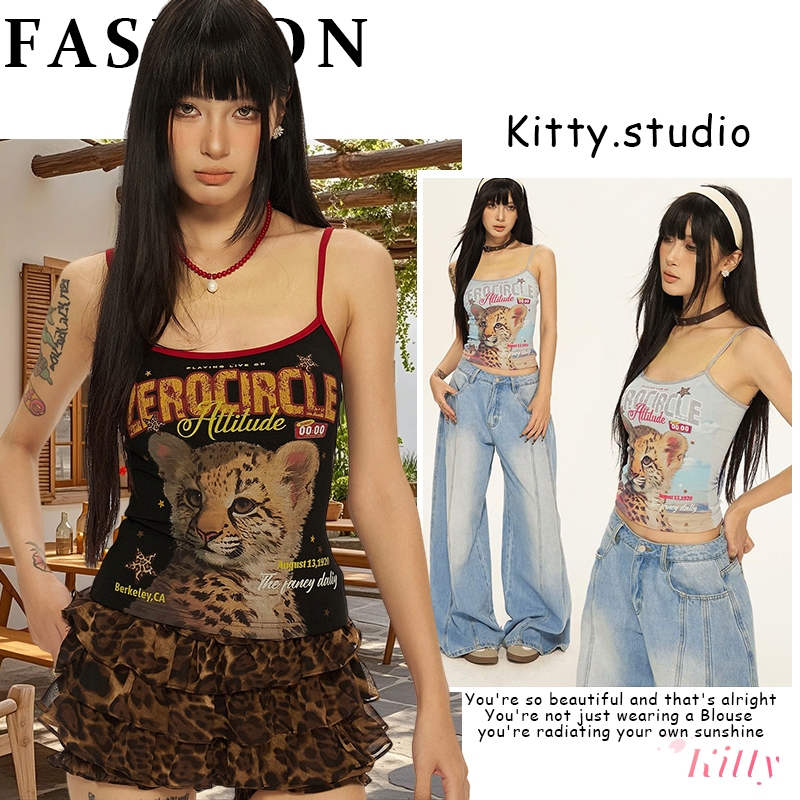 Kitty พร้อมส่ง🌸เสื้อกล้าม🌸เสื้อสายเดี่ยวผู้หญิง ลายเสือดาว เสื้อครอปทรงเข้ารูป ต่างตัวง่าย ใส่ไปคอนเสิร์ต สไตล์สาวฮอต