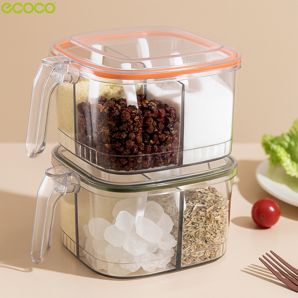 Ecoco กล่องเครื่องปรุง มีฝาปิดสนิท แถมฟรีช้อนตัก ที่ใส่เครื่องปรุง กันฝุ่น มี 2 สีให้เลือก