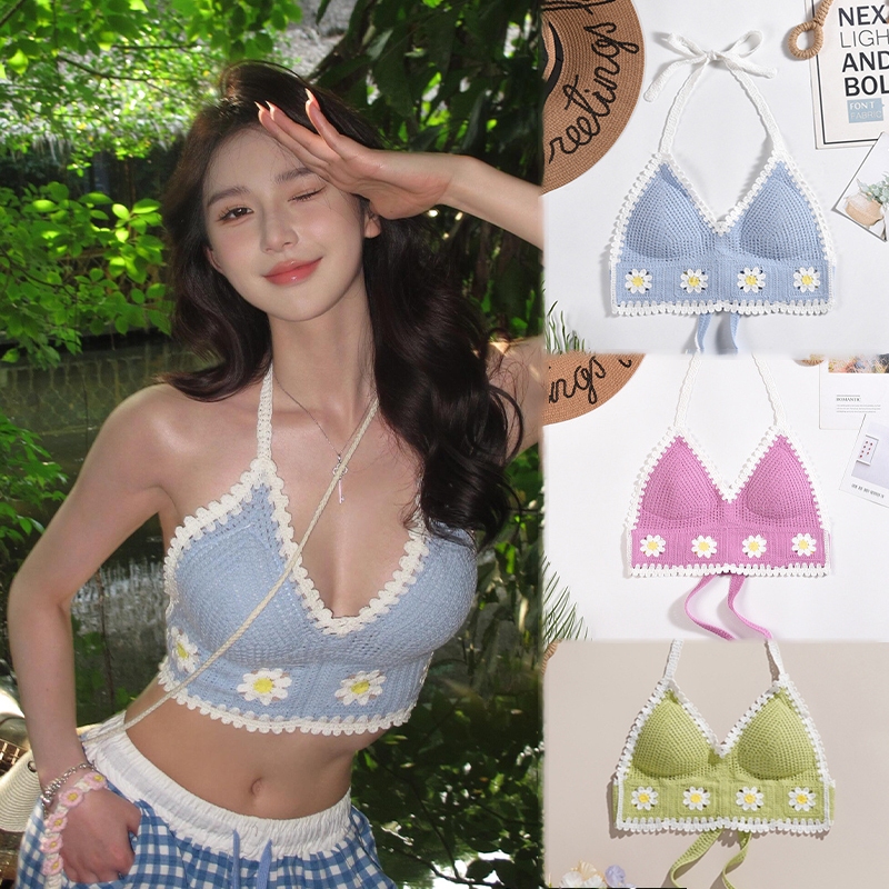 🌸พร้อ​มส่ง🌸บราถักมีฟองน้ำ สายผูกหลัง-คอ เสื้อถักไปทะเล เสื้อผ้าไปเที่ยว สีสันสวยงาม