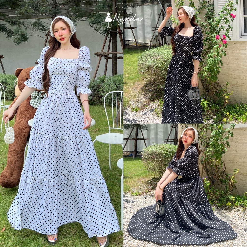 🧡Nunda Style🧡เดรสทรงเจ้าหญิง แขนยาวดึงยาง ชายกระโปรงแต่งระบายรูดชั้น