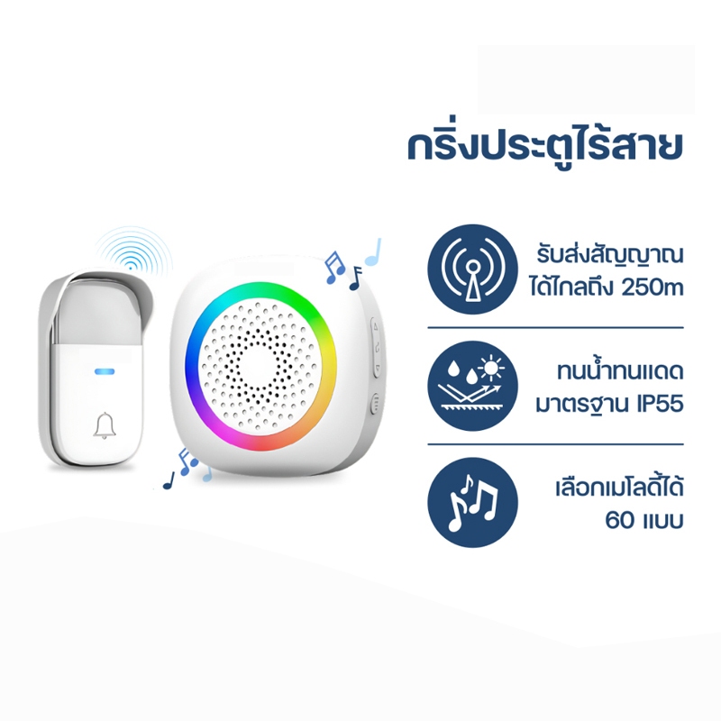 MIPH กริ่งไร้สาย ไร้สายไม่ต้องใช้ถ่าน ไม่ต้องเสียบปลั๊ก ทนแดด ทนน้ำ ปรับเสียงได้ 60 แบบ