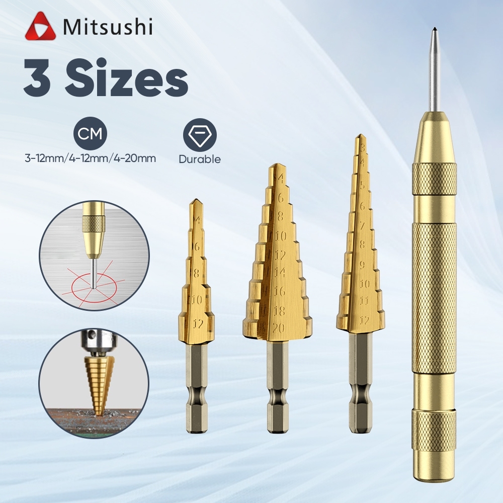 Mitsushi ดอกสว่าน ทรงเจดีย์ ชุดดอกสว่านเจดีย์ เดอกสเต็ป จาะขยาย คว้านรู เคลือบไทเทเนี่ยม ดอกเจดีย์เจาะขยายรู