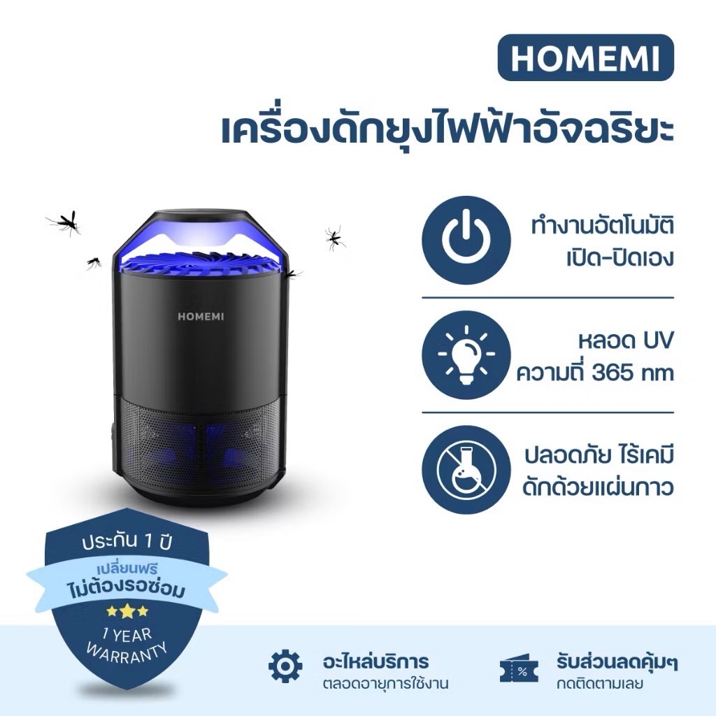 (พร้อมส่ง)Homemi เครื่องดักยุงและแมลง เปิด-ปิดอัตโนมัติ ระบบแสง UV HM0011-P-BL