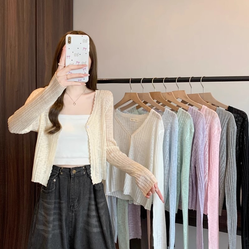 เสื้อครอปกันเเดด เสื้อกันเเดดถัก มีเชือกผูก ใส่เย็นสบาย ใส่กับสายเดี่ยว ยืดได้ #020372