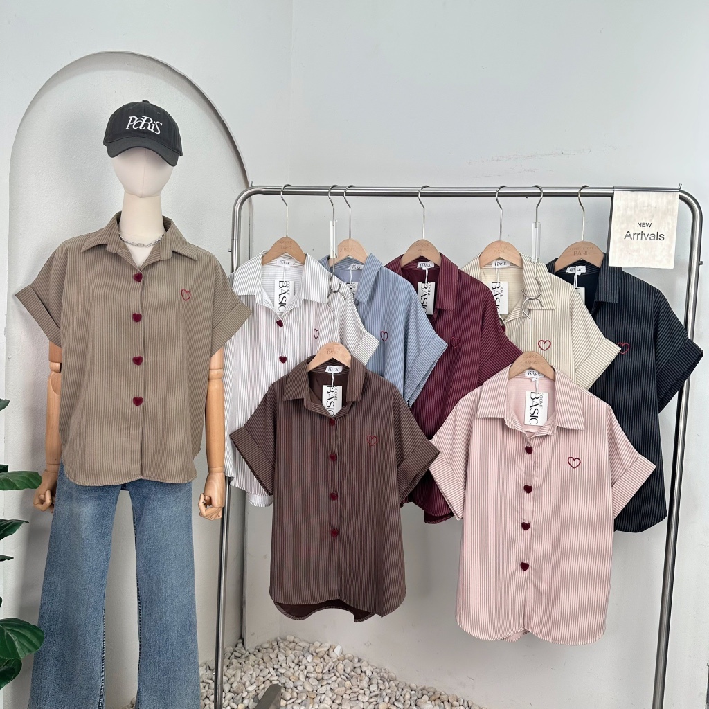 Mook_shop เสื้อเชิ้ตแขนเบิ้ล กระดุมหัวใจ เสื้อผ้าแฟชั่น