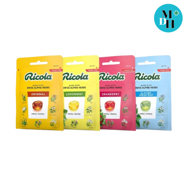 Ricola Sugar Free ลูกอมสมุนไพร ไม่มีนํ้าตาล รสดั้งเดิม,เลมอนมินต์,แครนเบอร์รี่,เฟรชมินต์ (1 ซอง)