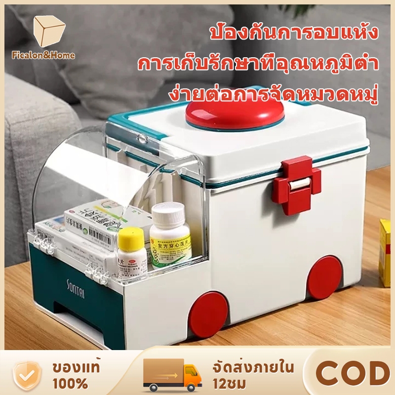 กล่องยารูปรถพยาบาลน่ารักสองชั้นกล่องเก็บยาความจุขนาดใหญ่พร้อมที่จับแบบพกพา