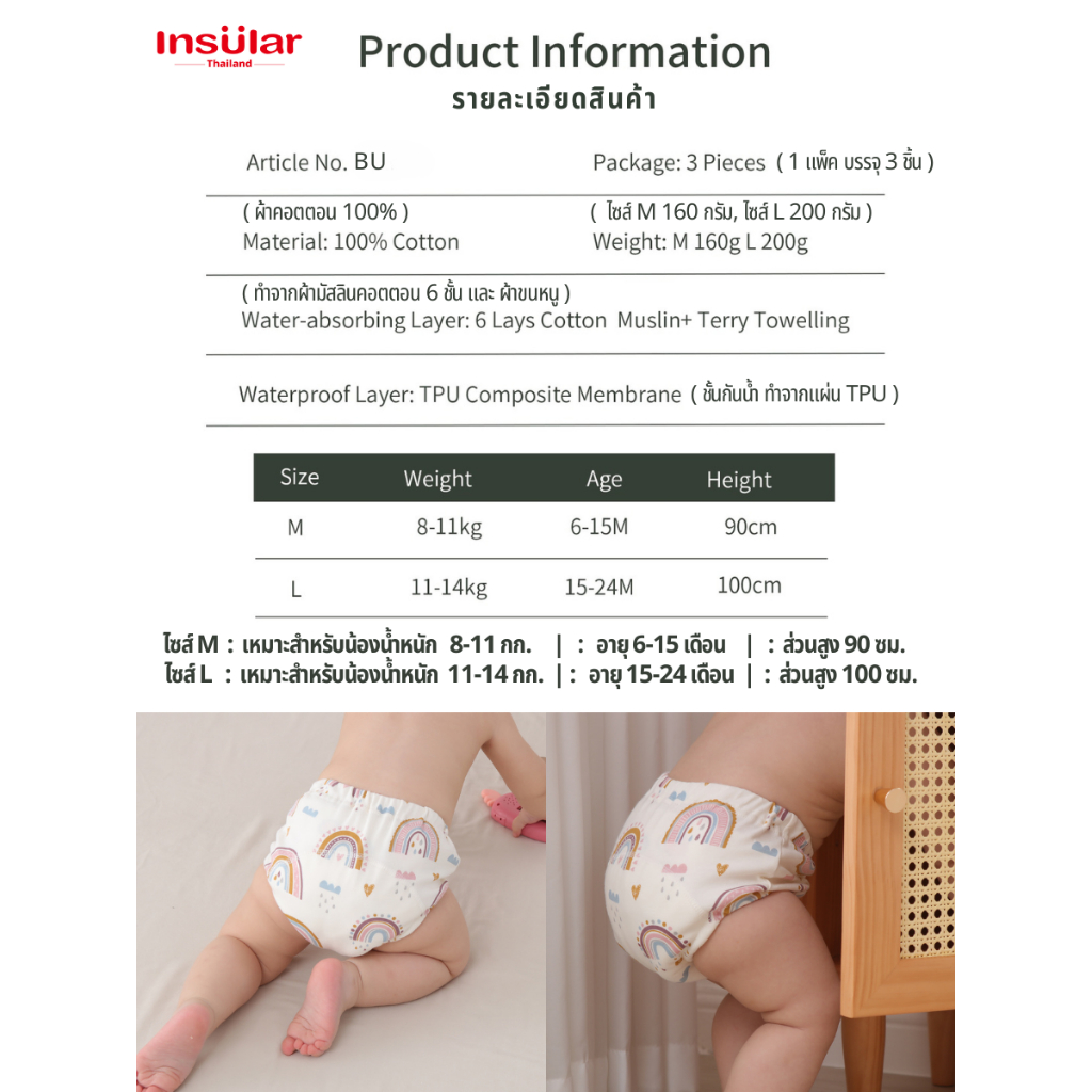 [แพ็ค 3 ชิ้น] อินซูลาร์ กางเกงซับฉี่ สำหรับฝึกเลิกเพิส เด็ก กันน้ำ ซึมซับดีเยี่ยม 6 ชั้น ระบายอากาศดี ไม่รั่วซึม BU - รูปที่ 5