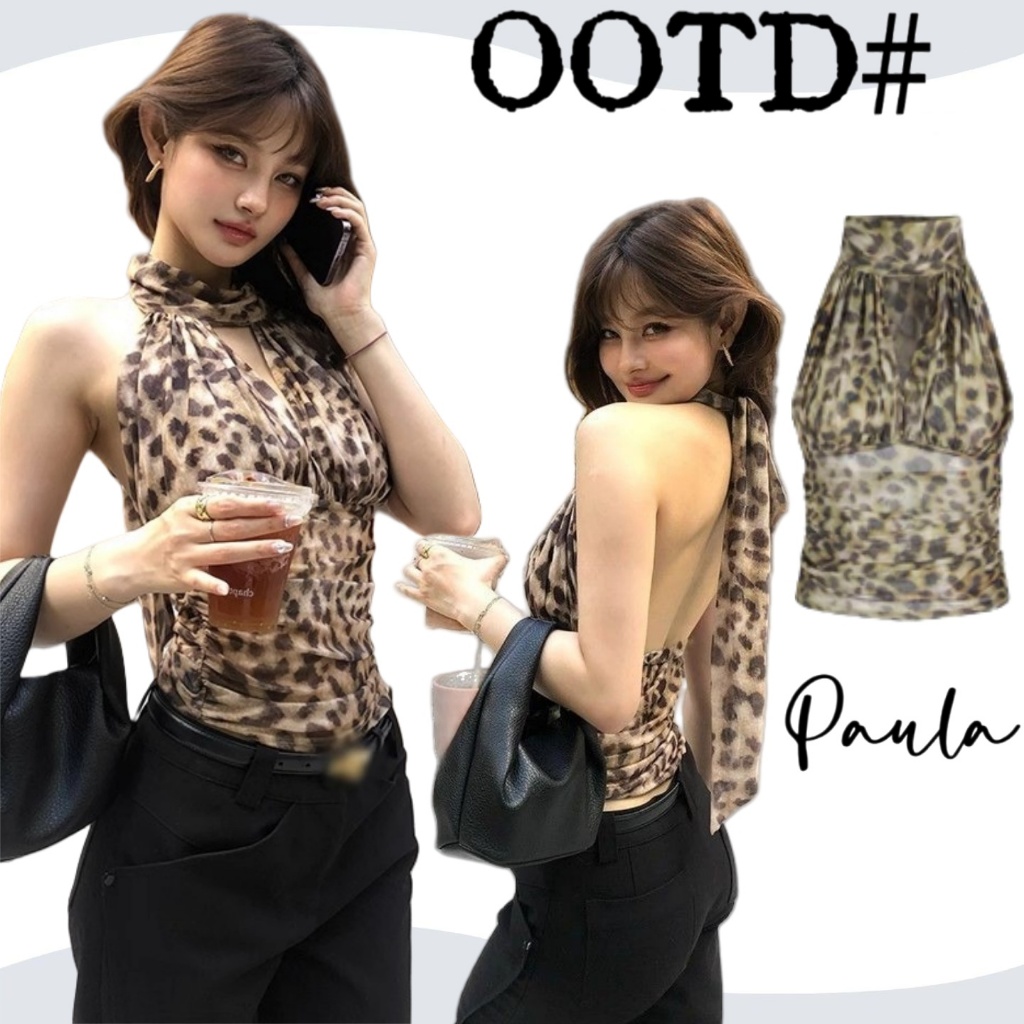 Paula พร้อมส่ง🌴เสื้อคล้องคอลายเสือดาว🌴เสื้อครอป คอเต่าแขนกุด ทรงเข้ารูปดูแพง เซ็กซี่แฟชั่นผู้หญิง คอวีลึก เปิดหลังผูกคอ