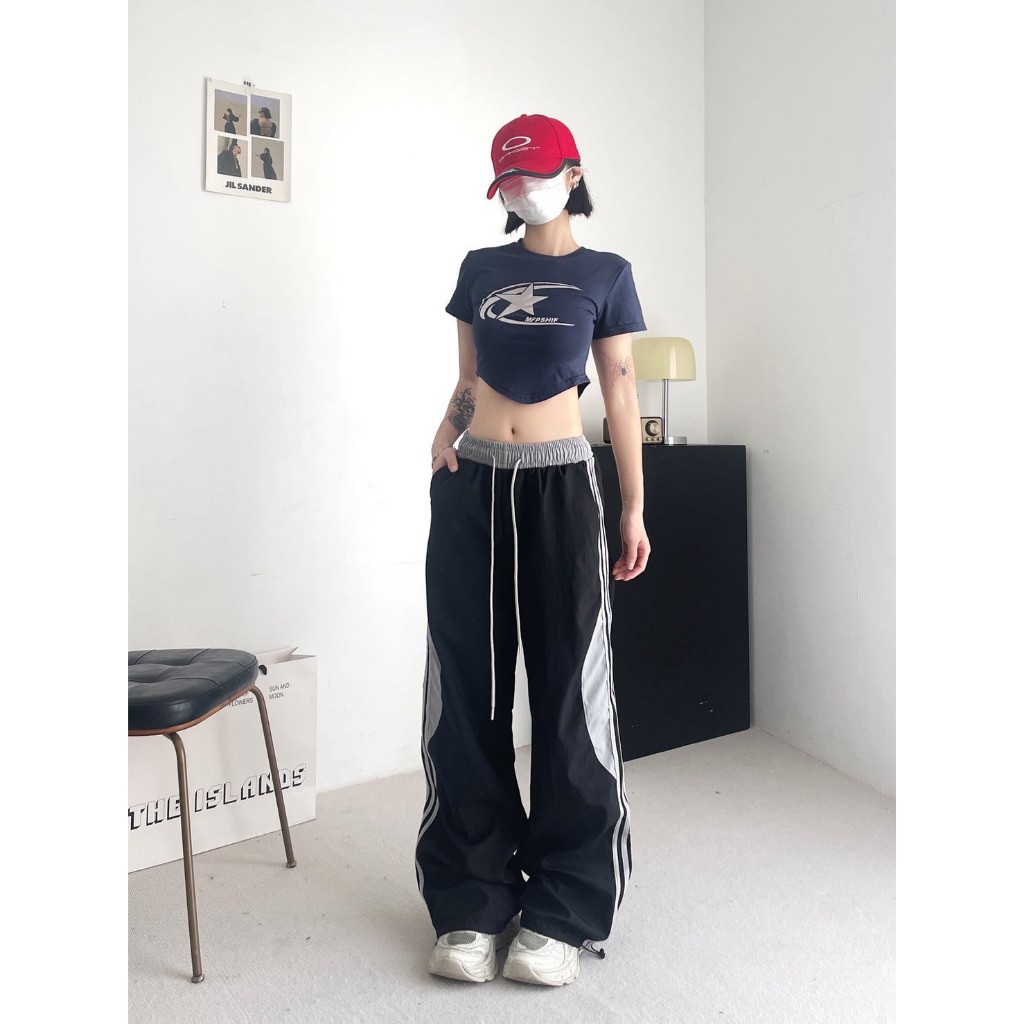 กางเกงคาร์โก้ขายาว S-8XL เอวสูงเอวสม็อคมีเชือกรูดข้อเท้า ดีไซน์แต่งแถบข้าง ใส่ได้ทั้งผู้หญิงผู้ชาย