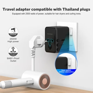 MEEGOO หัวแปลงปลั๊กไฟ แกลเลียมไนไตรด์ Universal Travel Adapter ปลั๊ก AC2500WMax+DC67WMax 1A3C