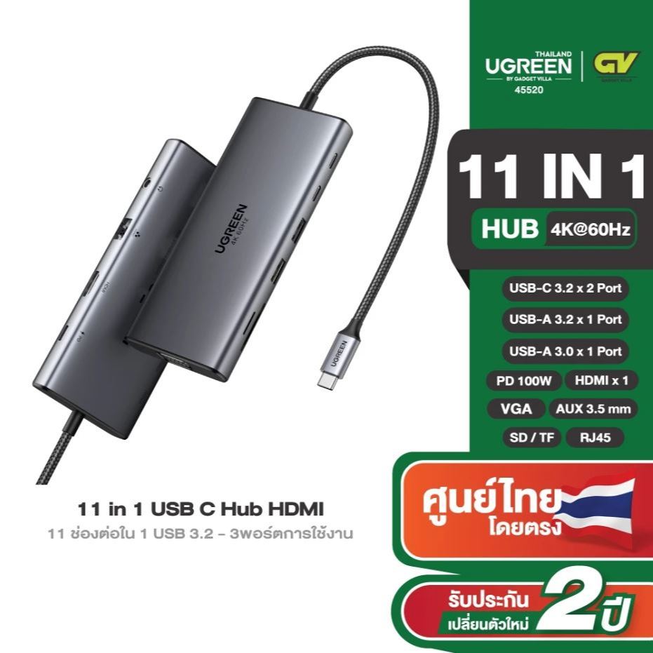 UGREEN HUB Type-C 11in1 USB-C to 2USB-C 3.2+USB-A 3.2+USB-A 3.0+HDMI รองรับ 4K60Hz+PD #รุ่น 45520 CM