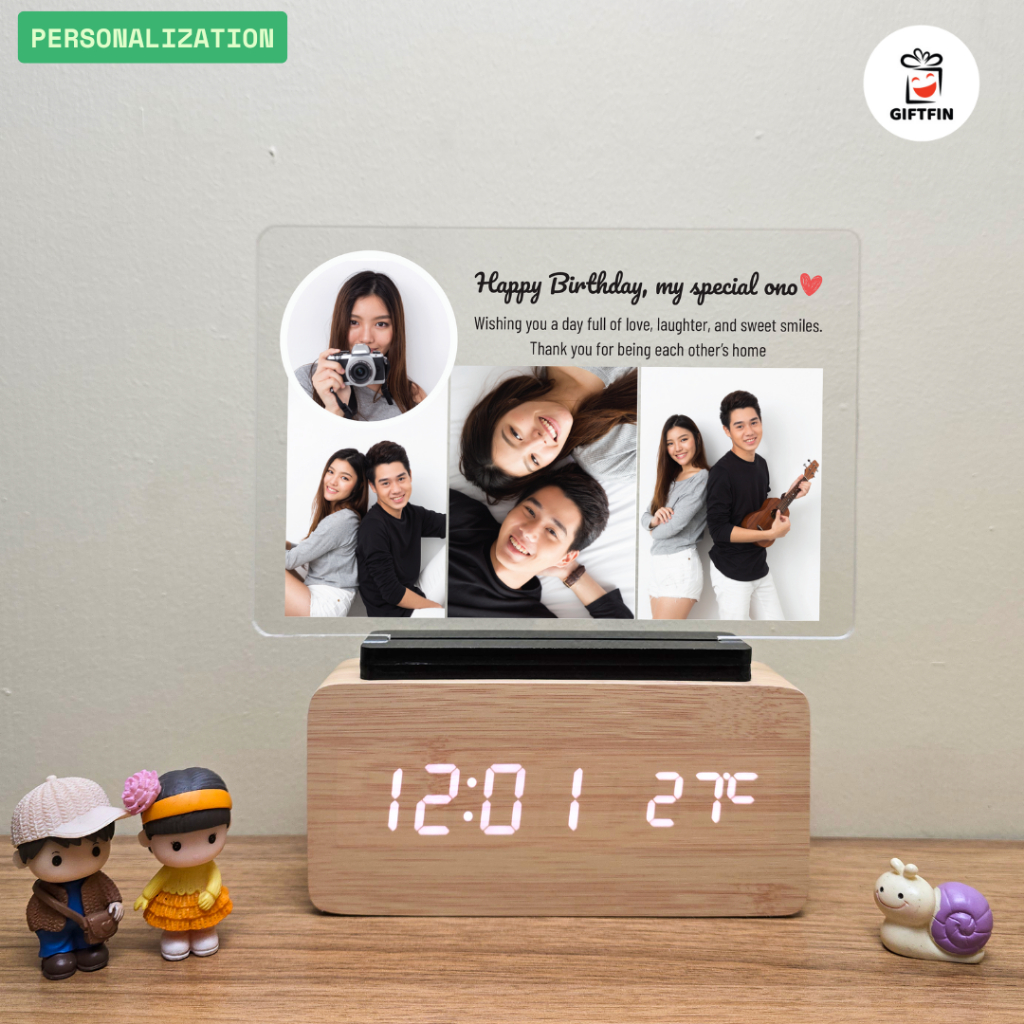 นาฬิกาไม้ LED  กรอบรูป (แบบที่ 5)  แนวนอน1+3 รูป | ของขวัญวันเกิด เกษียณ | GiftFin