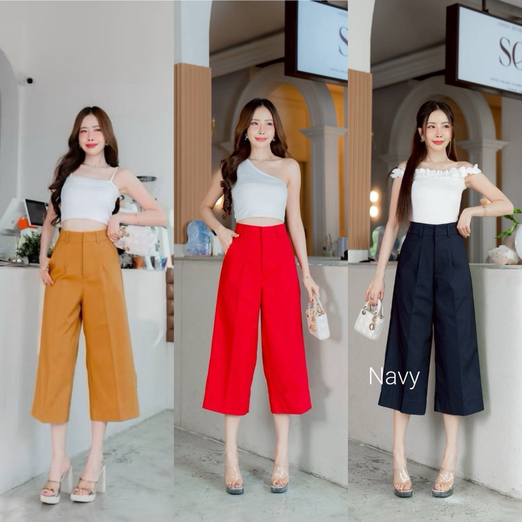กางเกงทรงกระบอก5ส่วนเอวสูงตะขอหน้าผ้าดับเบิ้ลM-3XL🆕