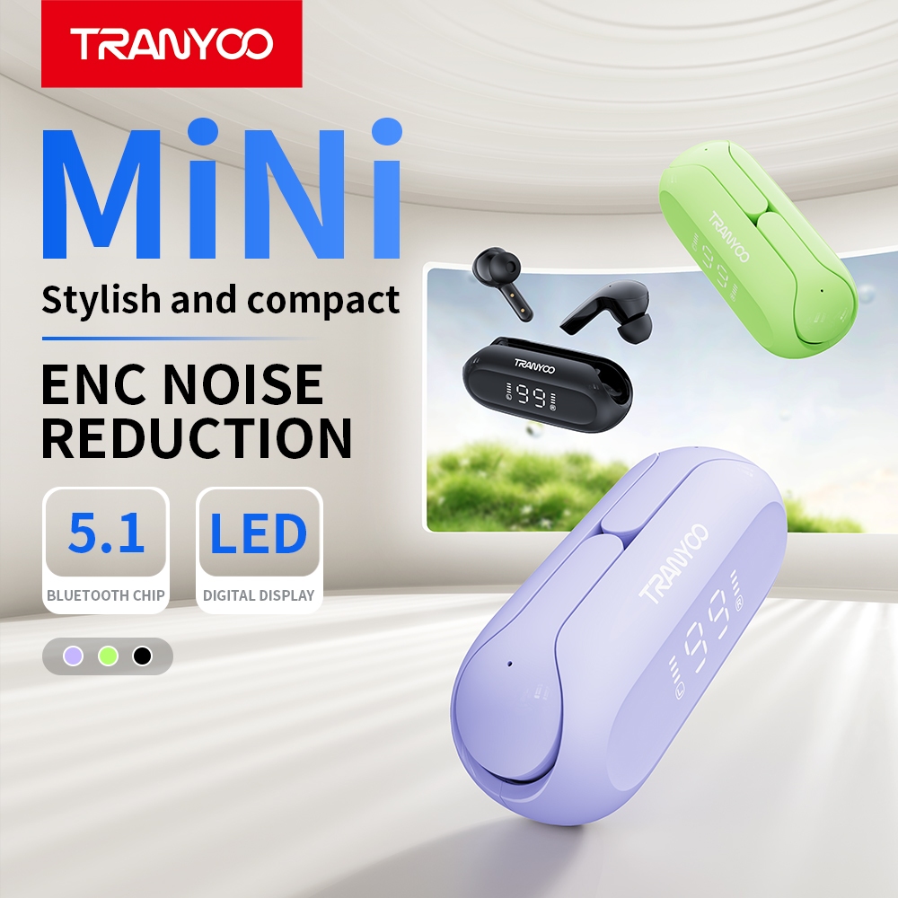 TRANYOO M2 หูฟังบลูทูธแบบจอแสดงผลดิจิตอล HiFi สเตอริโอ ENC หูฟังไร้สายตัดเสียงรบกวน