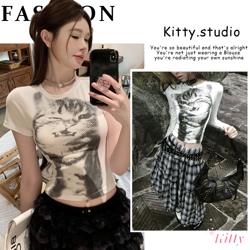 Kitty พร้อมส่ง🐱เสื้อยืดทรงครอป เสื้อรัดรูป คอกลมแขนยาว ผ้ายืด พิมพ์น้องแมว Y2Kทรงเข้ารูป เสื้อแฟชั่นผู้หญิง สไตล์เกาหลี