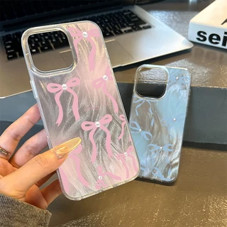 เคสสีชมพูน้ำเงิน Pearl Bow สุดหรู เคสไอโฟน13 เคส IPhone 11 Pro 16 13 14 15 12 Pro Max XR X XS Max 8 7 15 Plus 16Pro Max