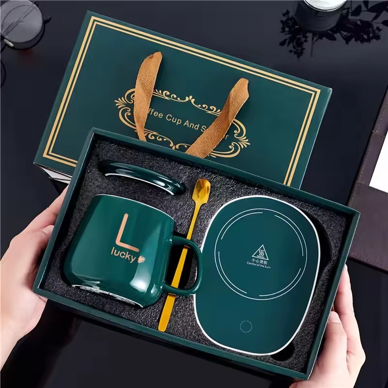เครื่องอุ่นแก้ว พร้อมแก้ว+ฝา+ช้อน ชุดแก้วกาแฟ ของขวัญ เซ็ตอุ่นร้อน พร้อมเครื่องอุ่น
