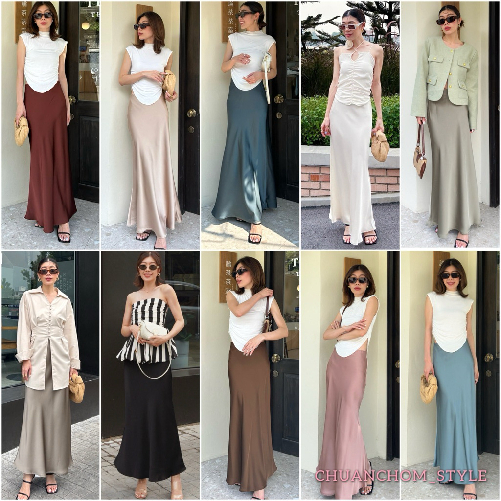 🔖StudioX2 #9917 SATIN MAXI SKIRT กระโปรงผ้าซาตินเอวขอบเรียบ เย็บยางยืดซ่อนด้านใน มีซิปข้างตัว ชายบานเบา ผ้าทิ้งตัว
