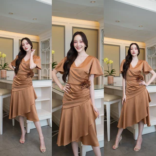 ชุดเดรส ชุดออกงาน ชุดราตรี FP068 เกรดพรีเมี่ยม คอวี แขนสั้น