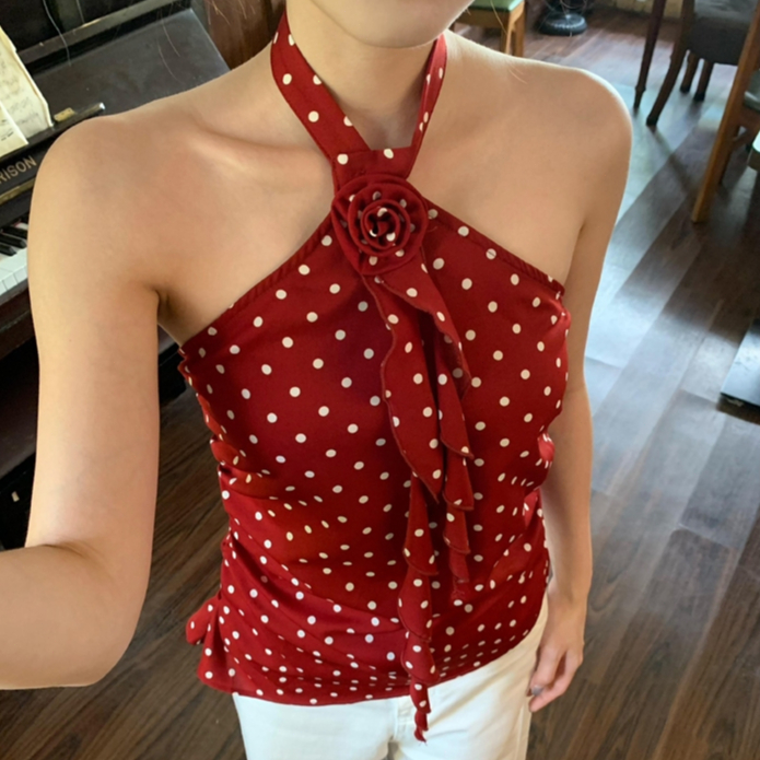 Rita พร้อมส่งเสื้อคล้องคอผู้หญิงโพกาดอท แต่งดอกไม้ รูปที่ 2