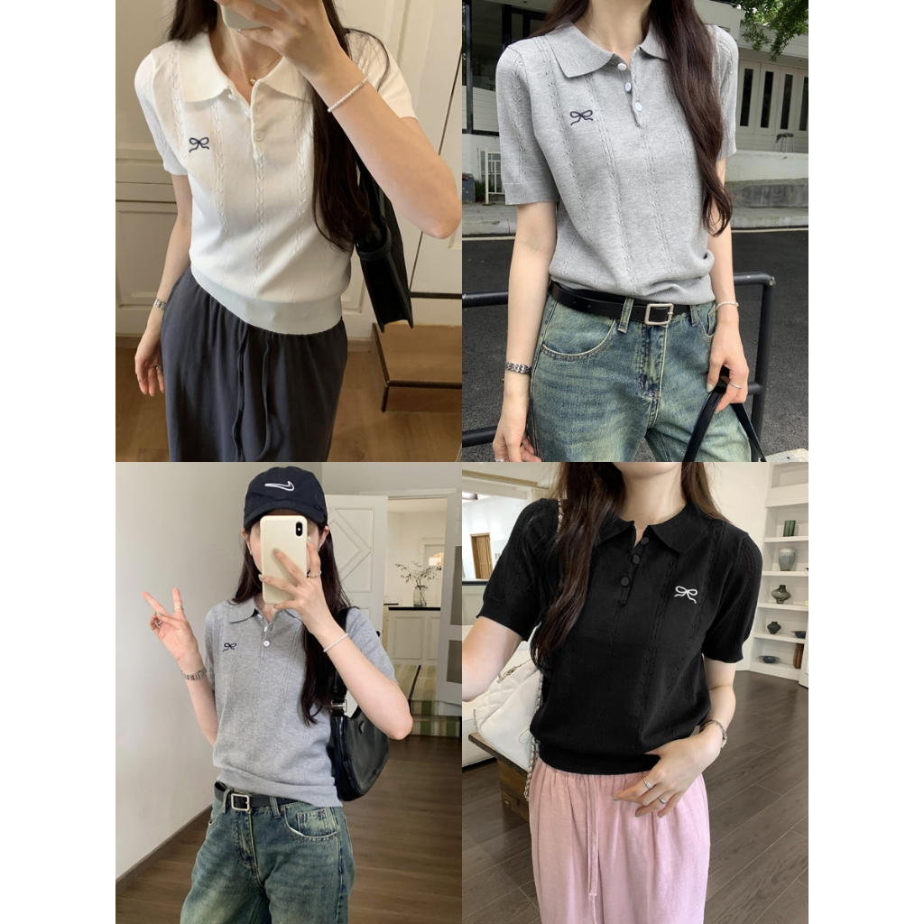 เสื้อยืดผู้หญิง เสื้อโปโล ผ้ายืดได้ ดูผอม ทรงสวย ผ้าถักลายสวย #22389