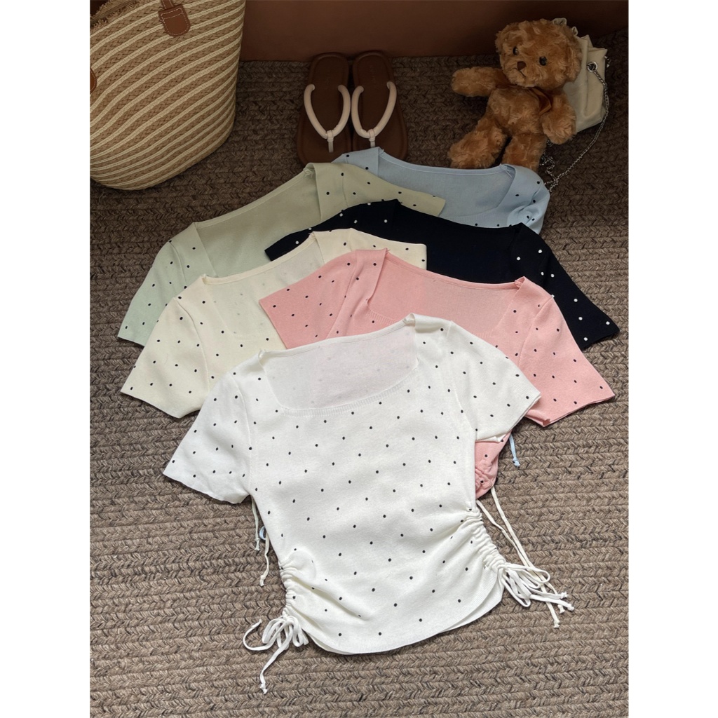 เสื้อยืดผู้หญิง เสื้อลายจุด คอเหลี่ยม รูดเชือกด้านข้าง มีทั้งหมด6สี ฟรีไซส์ #020392 – โปรปัง