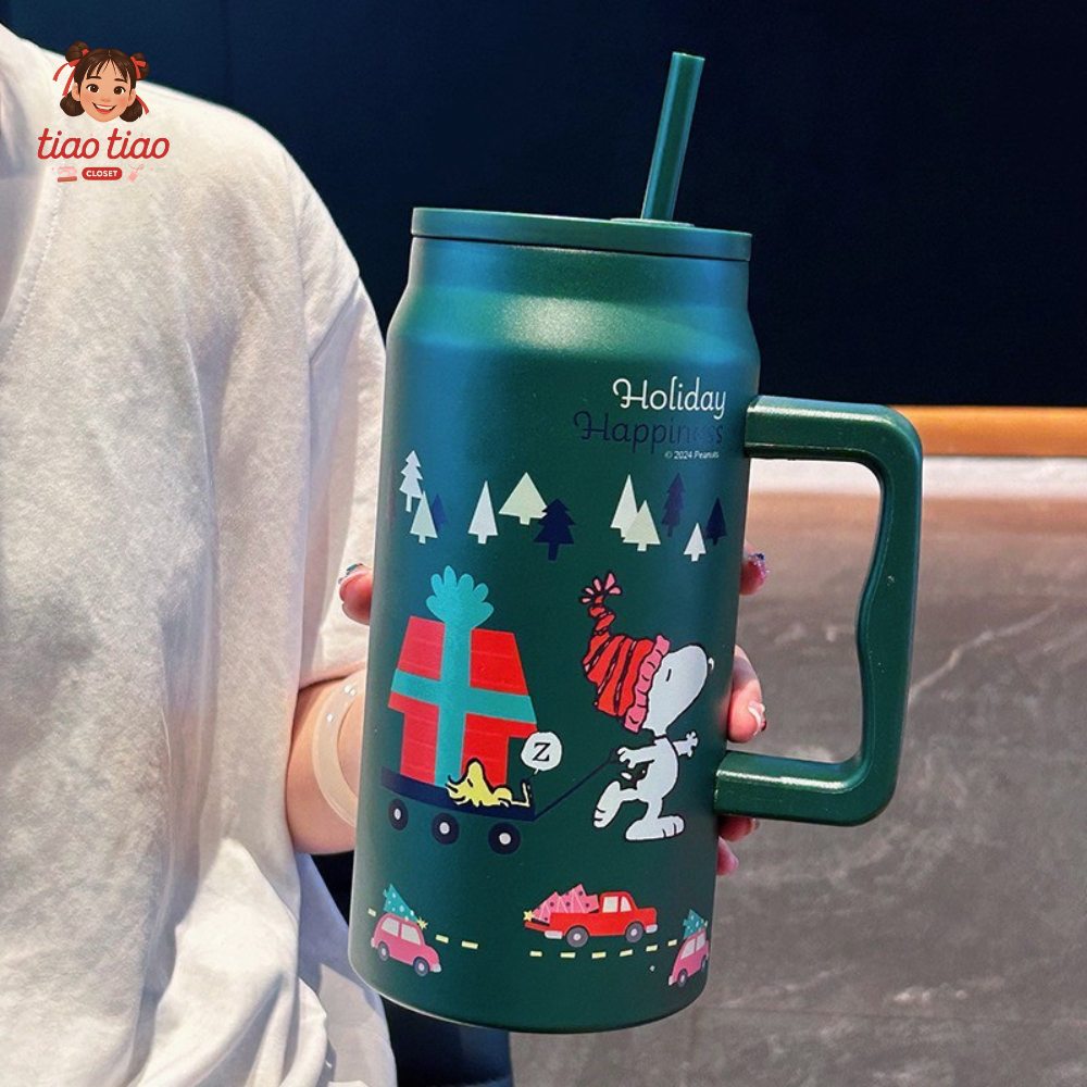 แก้ว Snoopy แก้วเก็บความเย็น ขนาดความจุ1500ml มีกล่อง+หลอดด้ามจับงานสเตนเลส304 เก็บความเย็นได้นาน