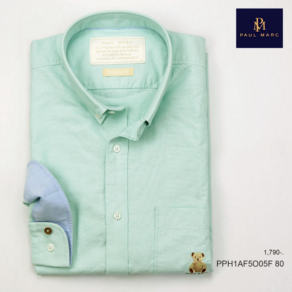 PAUL MARC เสื้อเชิ้ตแขนยาว PM BEAR สีขาว เขียว ฟ้า เหลือง ชมพู ผ้า oxford ฟอกนุ่มใส่สบาย - รูปที่ 2