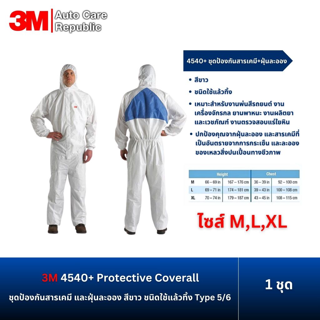 3M 4540+ ชุดป้องกันสารเคมีและฝุ่นละออง พร้อมช่องระบายอากาศ ชนิดใช้แล้วทิ้ง ขนาด M L XL (1 ชุด)