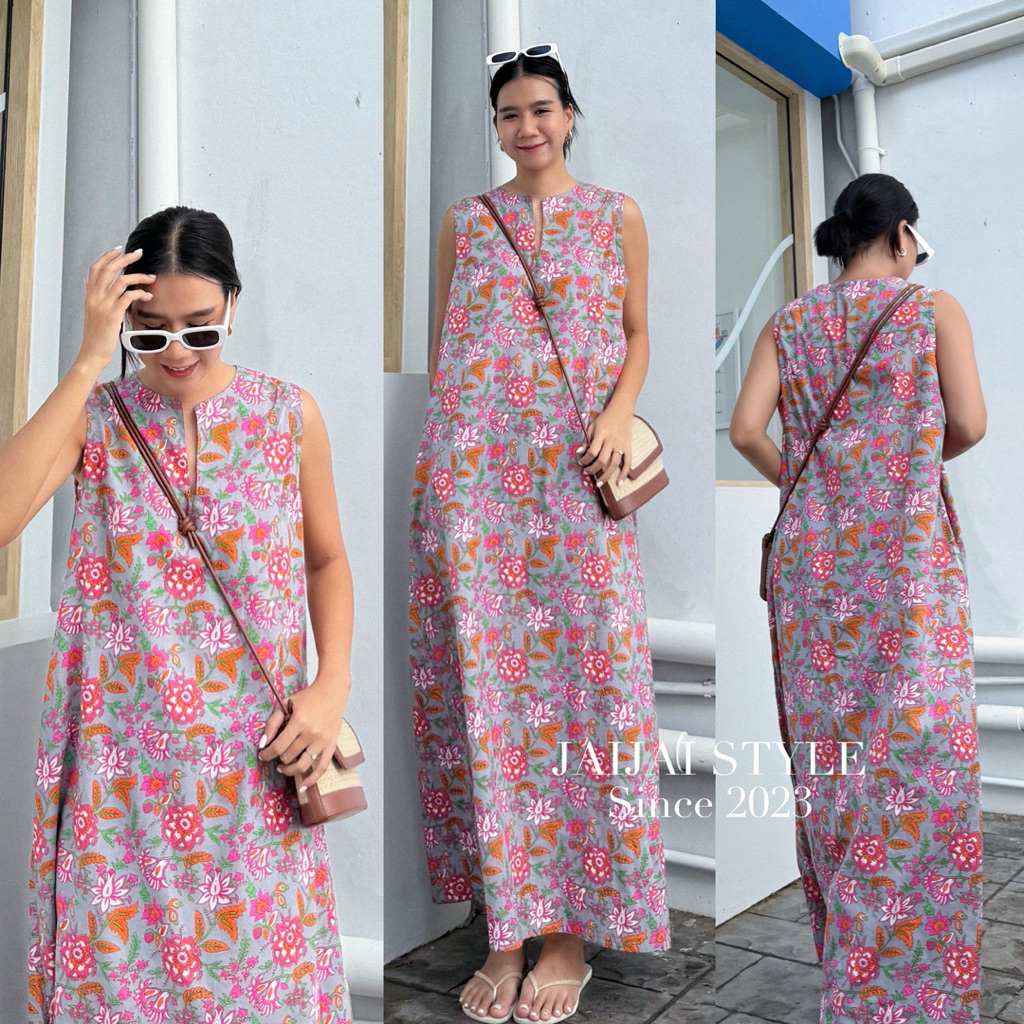 เดรสคอเจาะแขนกุดผ้าฝ้ายอินเดีย