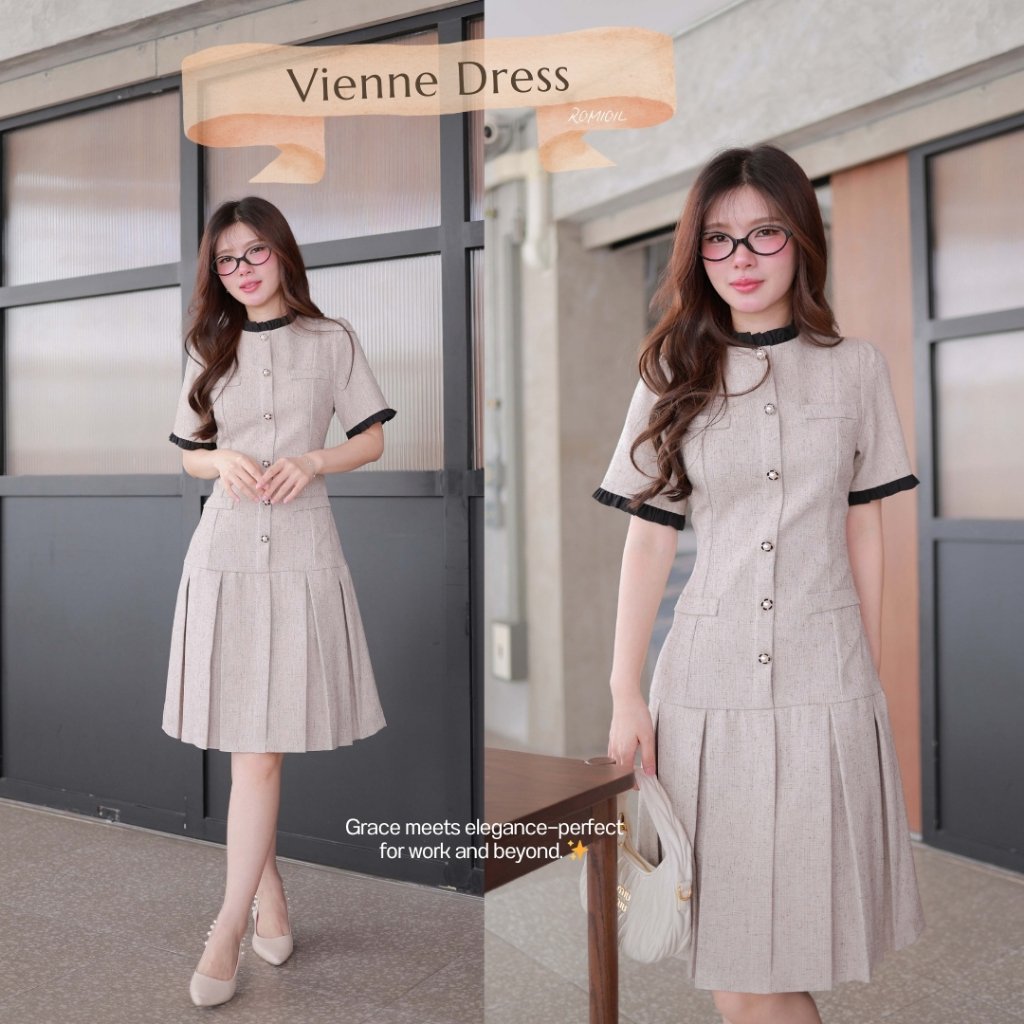 "Romi"Oil" Vienne Dress (Beige) K287 ชุดเดรสสีเบจ (แต่งกระดุมดอกไม้กระโปรงพลีท)