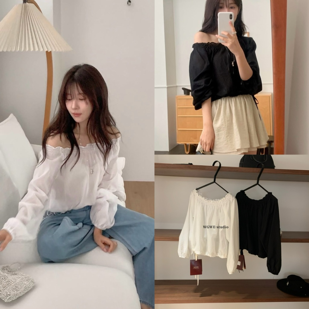 6915# เสื้อคอกว้างแขนยาว จะใส่เป็นเปิดไหล่ก็ดู sexy เนื้อผ้าดี ทรงสวย  TAG:WG.WE 🇰🇷