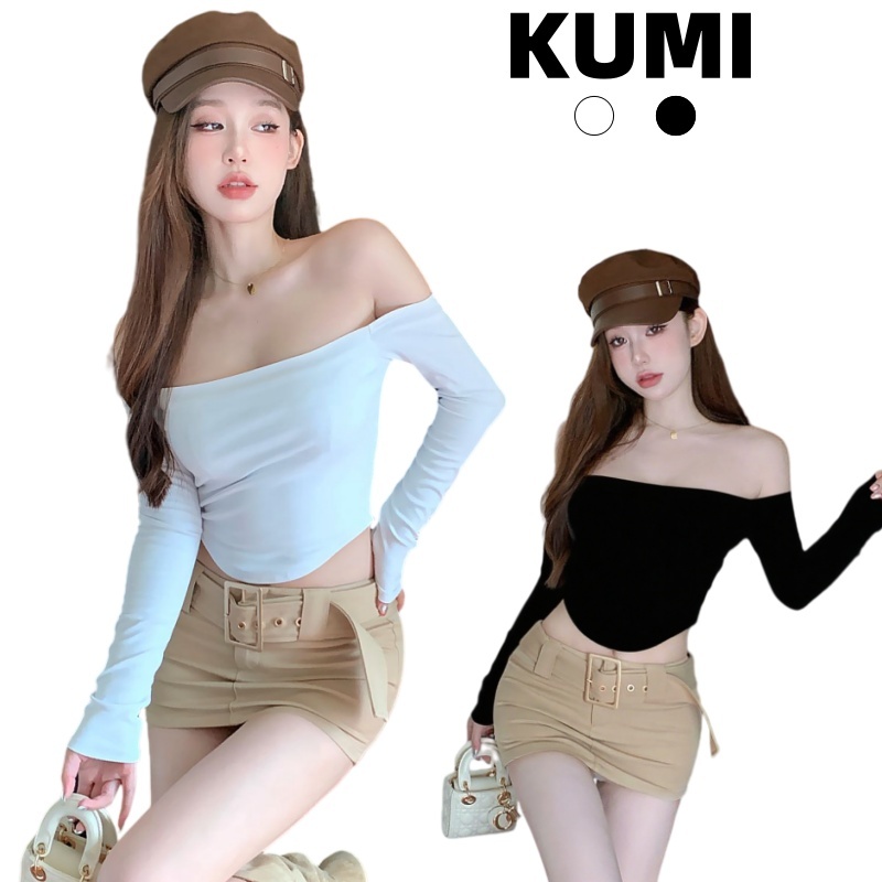 KumiKumi พร้อมส่ง เสื้อยืดแขนยาวผู้หญิง crop topสีพื้น ทรงเข้ารูปY2K เสื้อไหล่เดียวเซ็กซี่ เสื้อรัดรูปเปิดไหล่สไตล์เกาหล