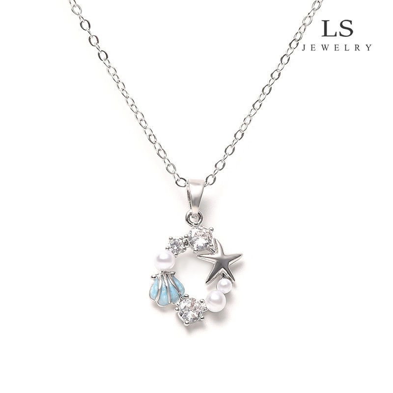 LS สร้อยคอแฟชั่นสตรี สีเงิน จี้วงกลมธีมทะเล มีดาวทะเล เปลือกหอย มุกเทียม ประดับคริสตัลเพชร n2844