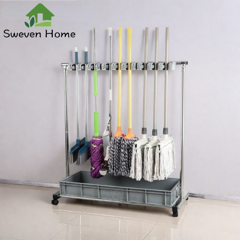 Sweven Home ชั้นวางไม้ถูพื้นสแตนเล ชั้นวางไม้ถูพื้นแบบเคลื่อนย้ายได้ ที่แขวนไม้กวาดชั้นเก็บของอุปกรณ์ทำความสะอาดจัดเก็บข